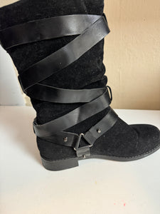 Black Suede Boots with Faux Leather Straps