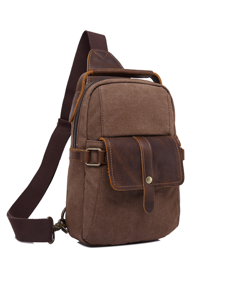 JAMES Men's Distressed Leather and Canvas Chest Man Bag