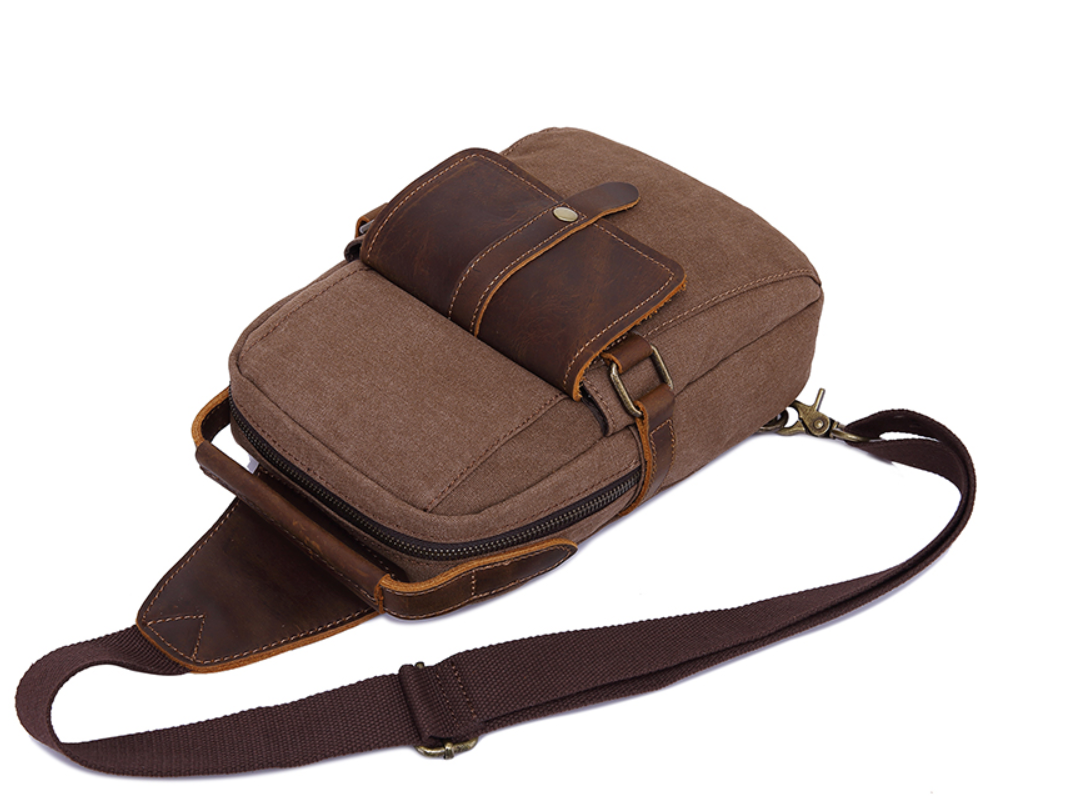 JAMES Men's Distressed Leather and Canvas Chest Man Bag