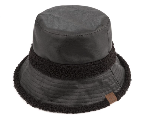 SOFT FAUX LEATHER BUCKET HAT WITH SHEARLING TRIMS