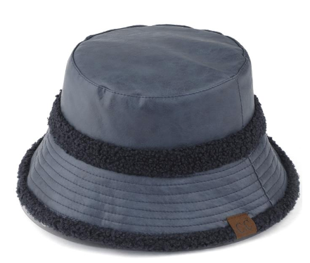 SOFT FAUX LEATHER BUCKET HAT WITH SHEARLING TRIMS