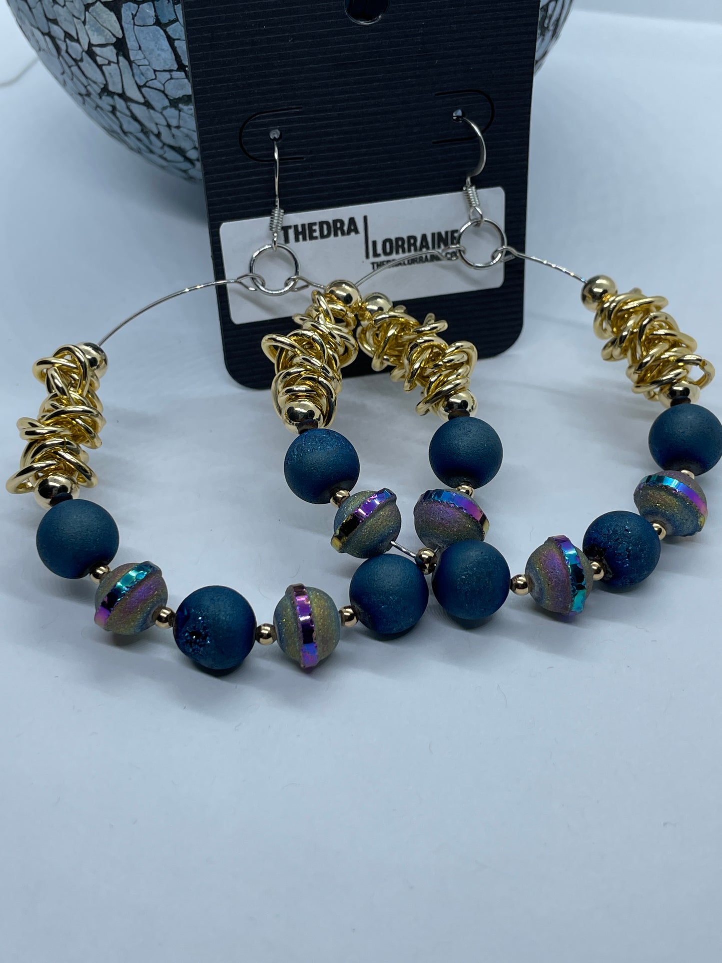 Blue Druzy, Purple and Gold hoops