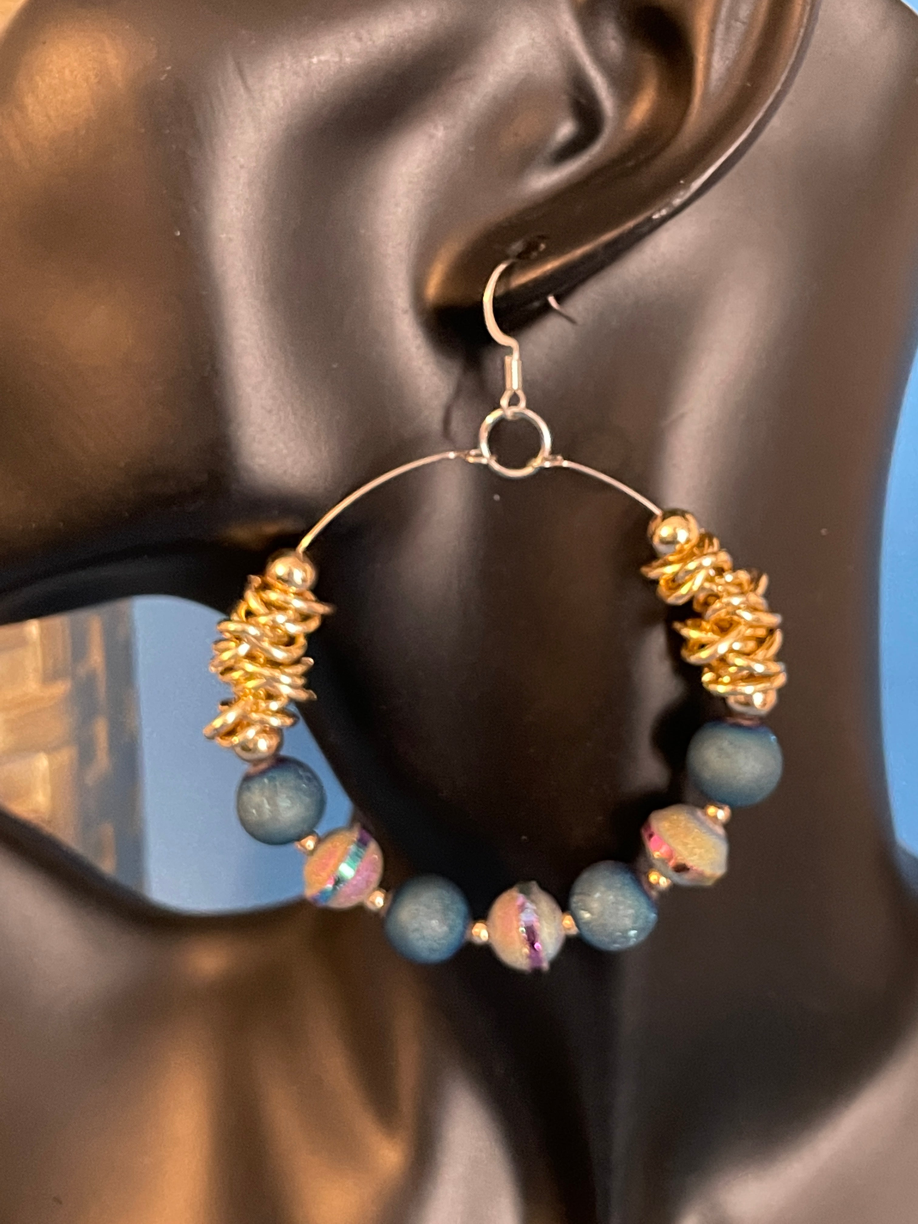 Blue Druzy, Purple and Gold hoops